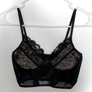 Sheer Mesh Corset Style Black Lacy Lingerie Cropped Bra Top with a Lacy Trim!